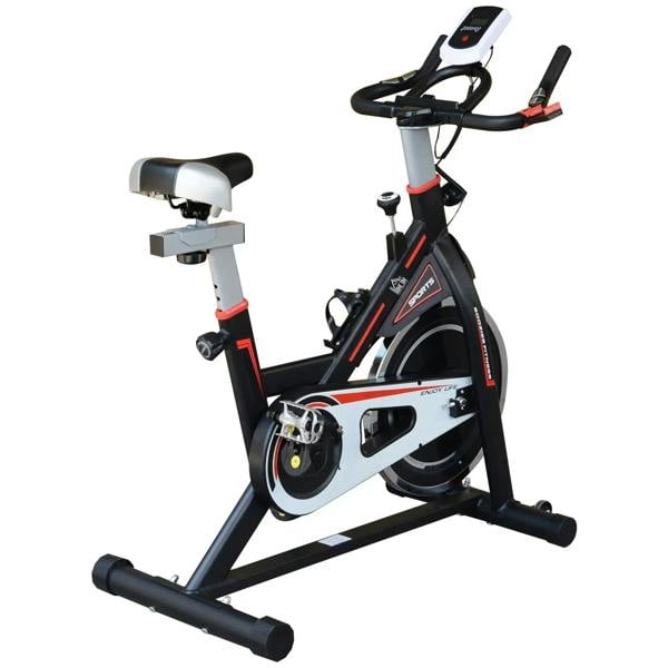 Black indoor cycling exercise bike with LCD display and heart-rate sensors