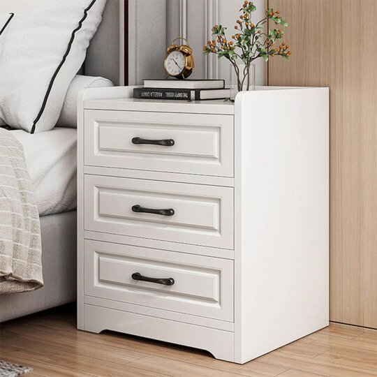 Havendro 3 Drawer Bedside Cabinet, White Chest Table, Solid Wood Bedroom Furniture