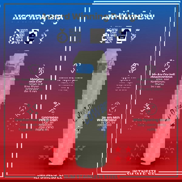 A slim stainless steel water bottle, displaying an award-winning design and featuring a Cowboys team logo, is shown against a red and blue gradient background.