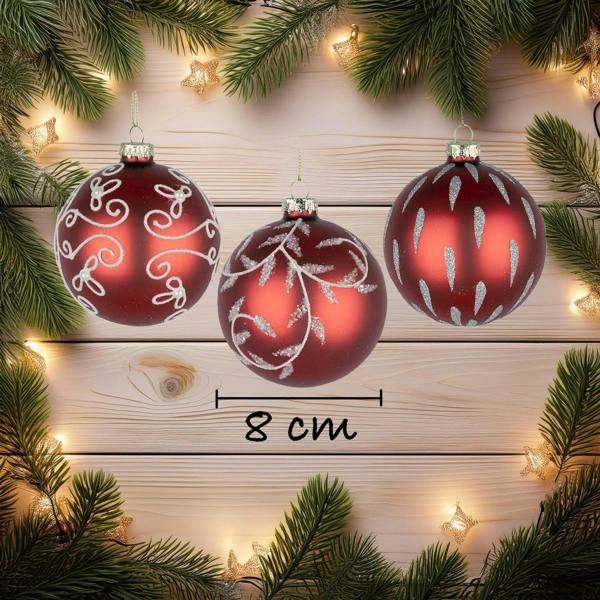 8cm Glass Christmas Baubles, 12 Pack, Red Festive Hanging Decorations with Mixed Designs image 4