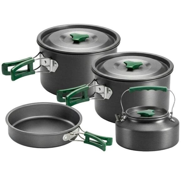 Camping Cookware Set for 4-5 People, Lightweight Aluminium Camping Cooking Kit with Anti-Scald Handles, Grey
