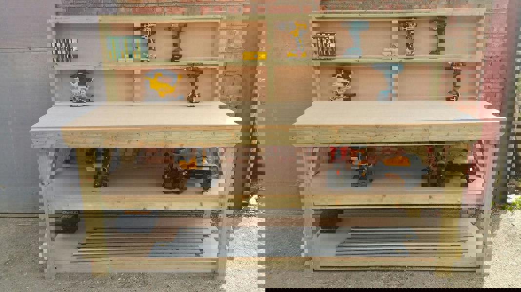 Wooden MDF Top Workbench – Sturdy Workstation with Back Panel and Double Shelf, Ideal for Dry Indoor Spaces Such as Garages, Workshops, and Studios