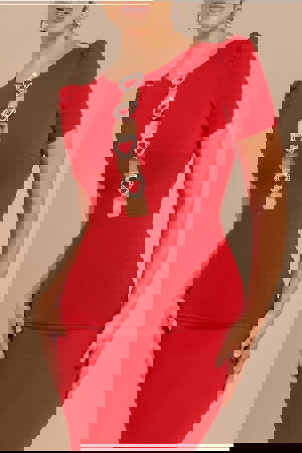 Diamante Embellished Heart Brooch Scuba Maxi Dress - Red DR4458