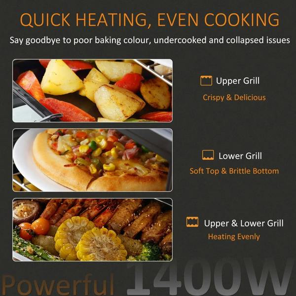 Countertop oven cooking with roasted vegetables and meat on rack