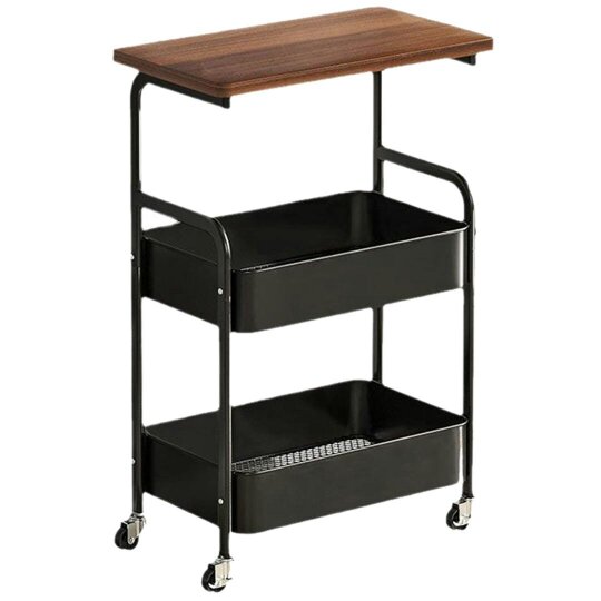 Havendro Three-Tier Mobile Storage Cart | Wooden Desktop with Sturdy Metal Frame - black - Steel Wood