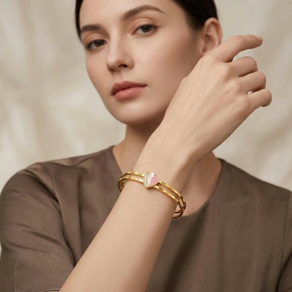 The Colourful Aura Gold Pink Heart Bangle Bracelet