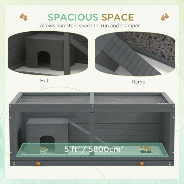 Grey wooden hamster cage interior with hut and ramp, spacious open floor area