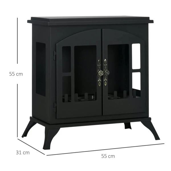 Black freestanding bioethanol stove front view with flame window and stand