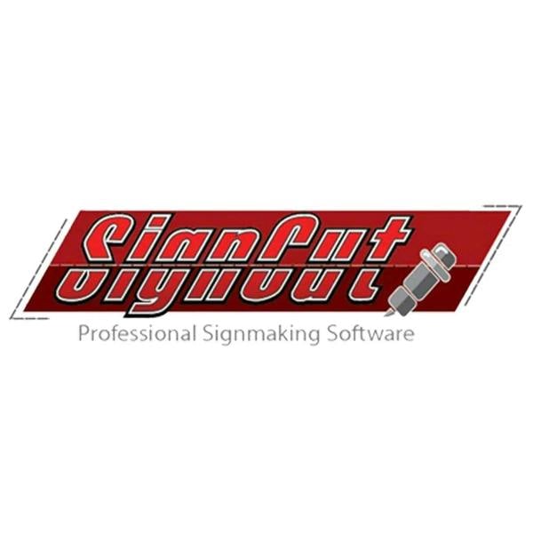 SignCut logo featuring bold red and white lettering, with a graphic of a bolt, representing professional signmaking software