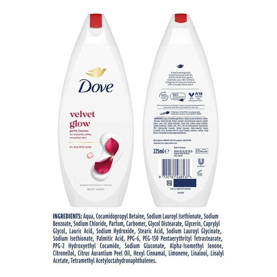Dove Velvet Glow Body Wash 3 Pack, 0% Sulfate SLES Shower Gel, 225ml