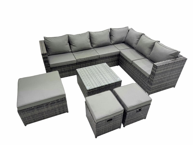 Fimous Outdoor PE Rattan Garden Furniture Sofa Set with Square Coffee Table 3 Stools Dark Grey