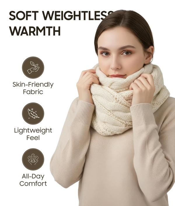 VIA MONTEN Women’s Winter Scarf, Beige Cable Knit Infinity Neck Warmer Loop Scarf for Cold Weather