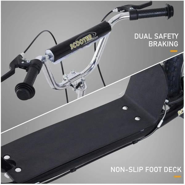 Black scooter close-up showing non-slip foot deck and dual safety braking handlebar