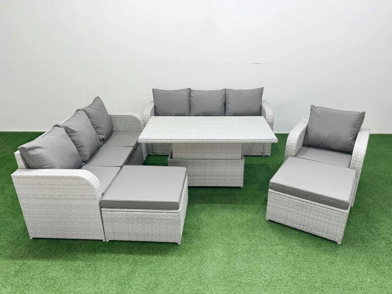 Fimous 9 Seater Poly Rattan Garden Furniture Patio Set, Adj Height Table, 3 Seater Sofa, Reclining Chair, 3 Seater Sofa, 2 Big Footstools, Light Grey