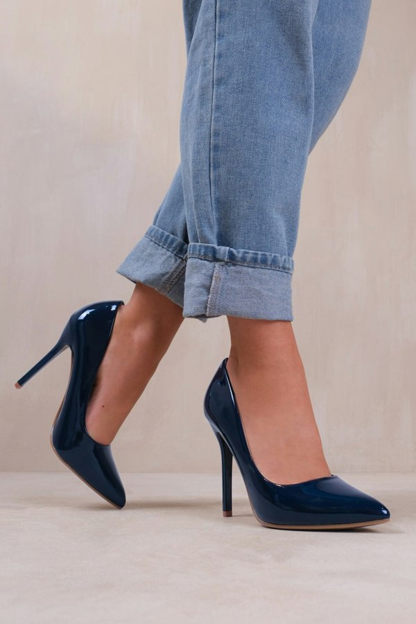 Where's That From Kyra High Heel Stiletto Pumps in Navy Patent Faux Leather