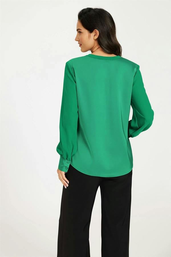 FS Collection Long Sheer Sleeve Satin Notch Neck Blouse Top In Green