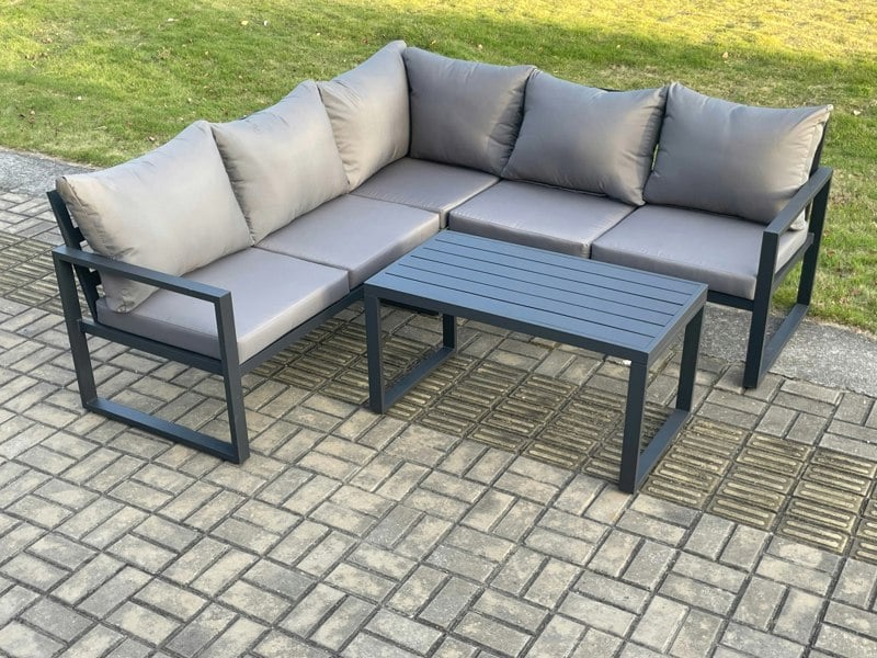 Fimous Aluminium Outdoor Garden Furniture Set Lounge Sofa Oblong Coffee Table Sets Indoor Conservatory Set Dark Grey