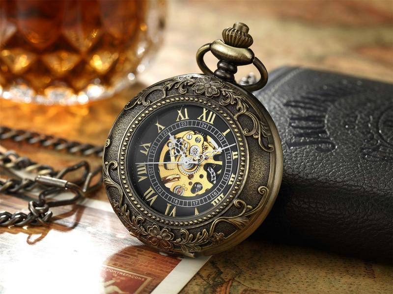 Infinity Leather Vinatage Mechanical Alloy Skeleton Half Hunter Pocket Watch