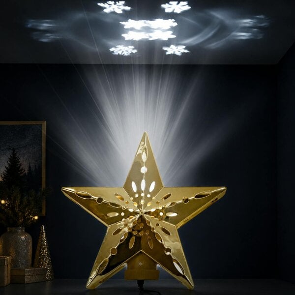 Outdoor Living Gold Star Tree Topper — Cut-Out Snowflake Design, Celestial Glow Rotating Star with Remote Control