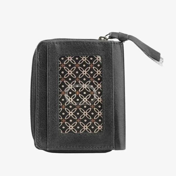 Black zippered pouch with geometric pattern on a white background