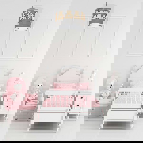 Milagro Mis Grey Pendant Lamp 1XE27 Beautifully Hand Made From Contemporary Grey Fabric With Natural Wooden Teddybears