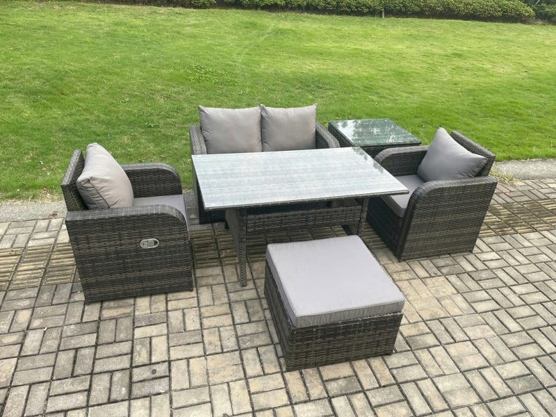 Fimous Outdoor Rattan Garden Furniture Lounge Sofa Set With Oblong Rectangular Dining Table 2 PC Reclining Chair Side Table Big Footstool