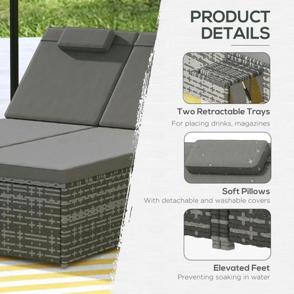 Grey two-seater rattan day bed with recline back cushions and woven side panels