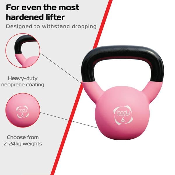 6kg pink neoprene kettlebell with a black handle, designed for durability and easy grip, ideal for strength training workouts