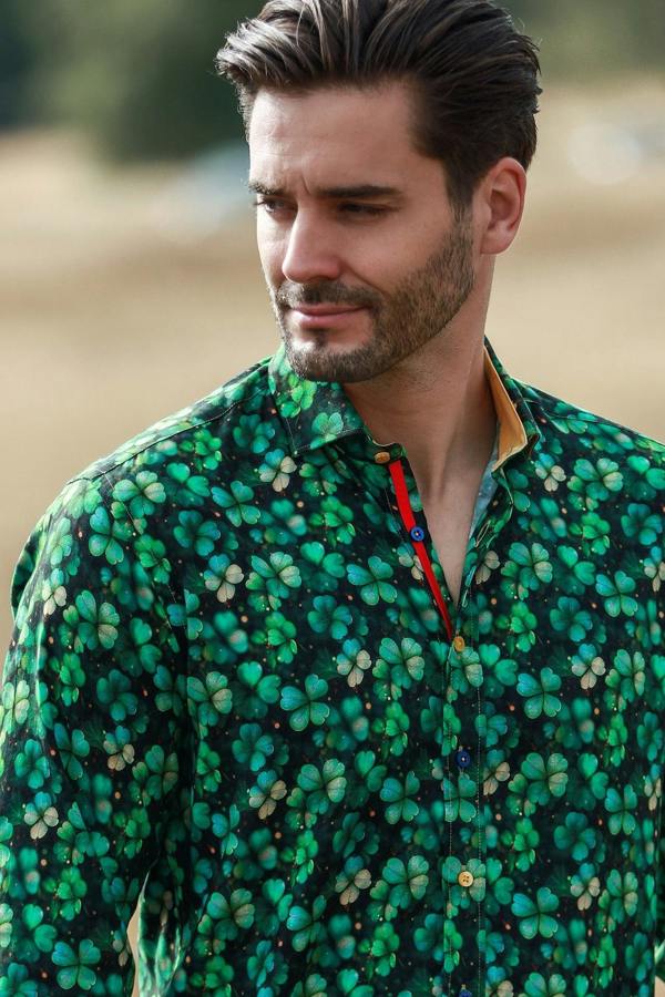 TENCEL FOUR LEAF CLOVER EMERALD PRINT SHIRT - Claudio Lugli Shirts