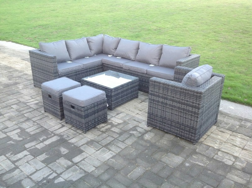 Fimous Dark Grey Mixed Rattan Garden Furniture Corner Sofa Set Square Coffee Table Chair Footstools Left Hand Option
