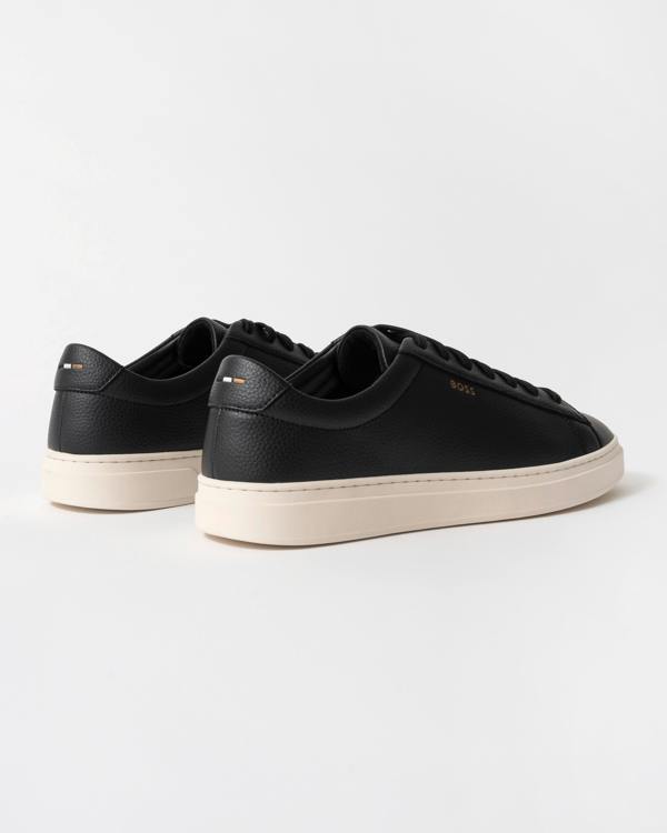 back studio shot of BOSS Orange Kieran Mens Grained-leather trainers with white rubber sole in Black 008