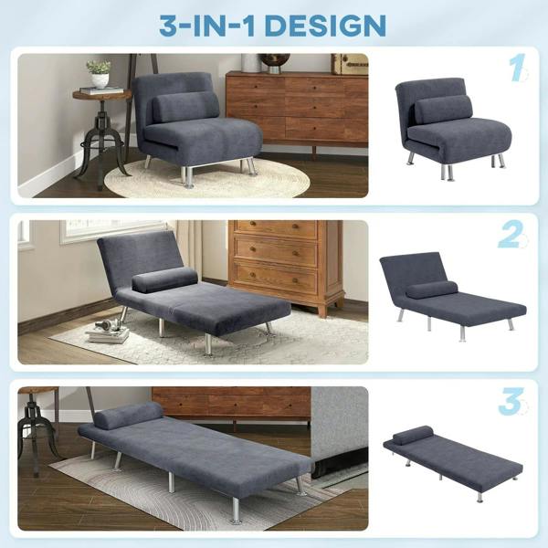 Charcoal grey sleeper chair shown in multiple configurations with padded backrest
