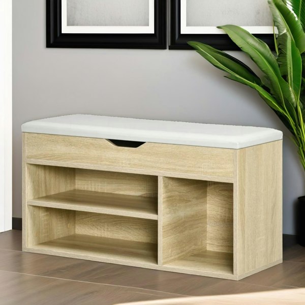 Rafaelo Mobilia Industrial Shoe Storage Bench With Cushion Seat Oak