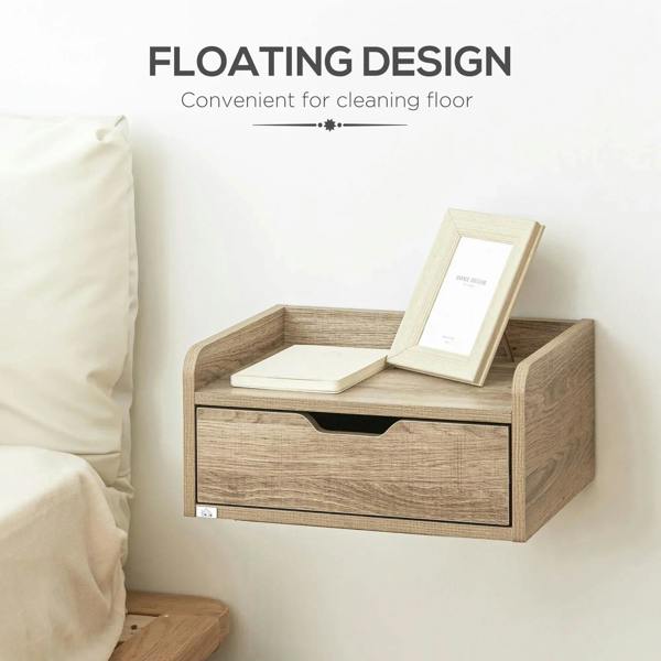 Wall-mounted bedside table in light natural wood with raised top edge and drawer front