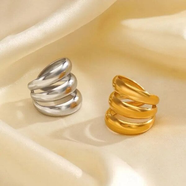 The Colourful Aura Chunky Triple Dome Adjustable Stacked Wide Band (Gold/Silver) Ring - Silver - Silver