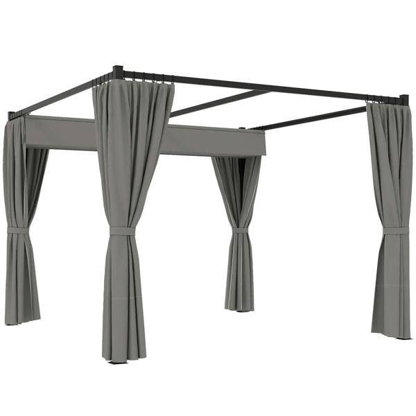 Grey metal pergola canopy with side curtains gathered at corner posts