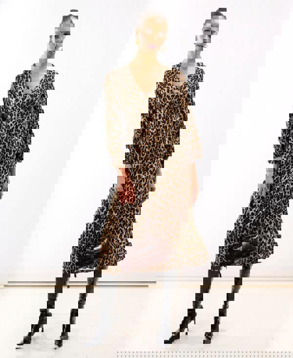 Brown Animal Printed Long Sleeve Midi Dress