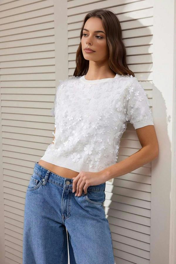 WOVCOR Three-Dimensional Flower Detail and Tulle Knitted Blouse