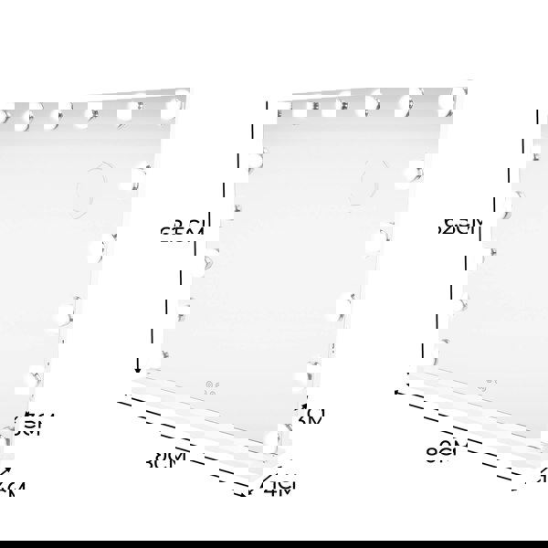 LED Bluetooth mirror measuring 80 x 60cm with a sleek white frame, 14cm base, and 12 bright circular lights for enhanced visibility