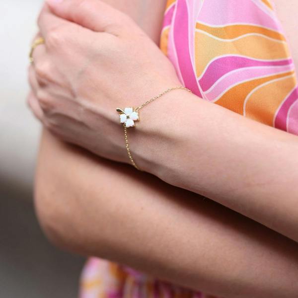 Spero London White Opal Clover Sterling Silver Bracelet