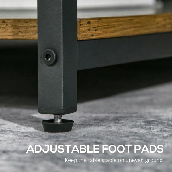 Adjustable foot pad on black metal leg of rustic brown coffee table
