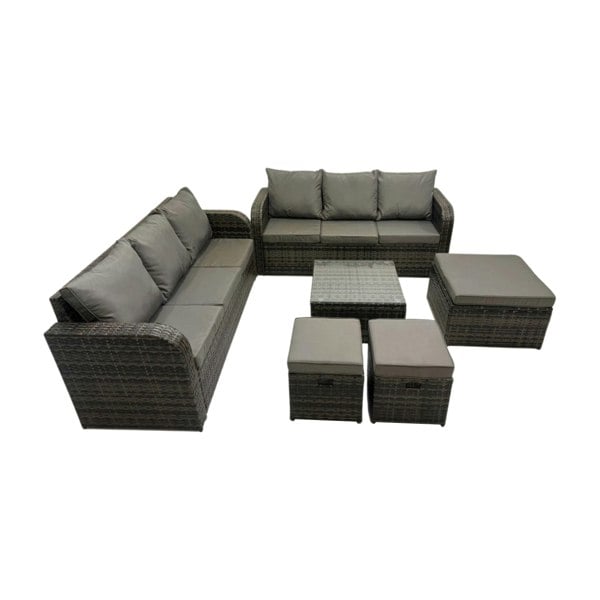 Fimous Rattan Garden Outdoor Furniture Set 3 Seater Sofa Square Coffee Table Set with 3 Stools Dark Grey Mixed