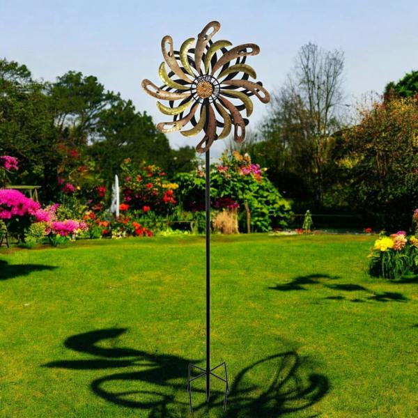EDH Door Hardware Small Golden Flare Vortex Wind Spinner Stake – 120 x 36 x 15 CM | Metal Kinetic Garden Wind Sculpture