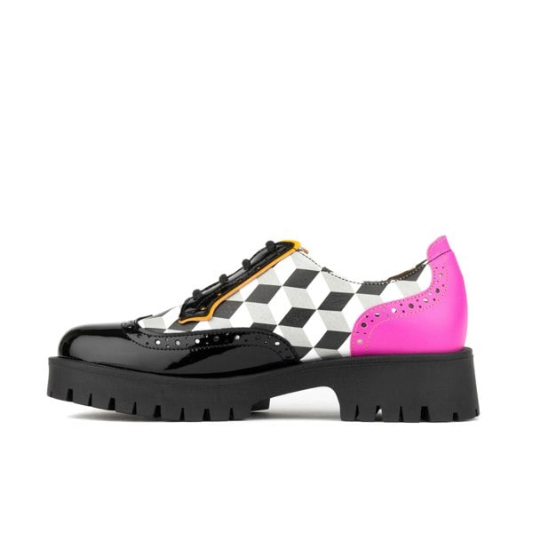 Embassy London Artisan - Black & White Cubics - Women's chunky sole leather derby shoe with brogue details