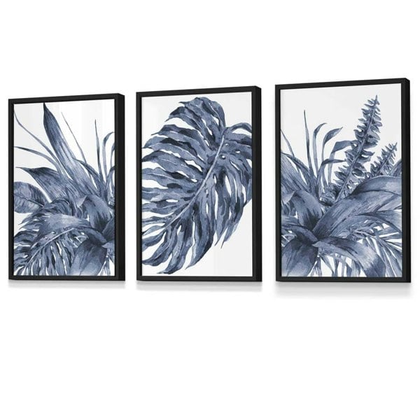 Tropical Leaves Navy Blue Abstract Set of 3 Framed | Artze Wall Art UK