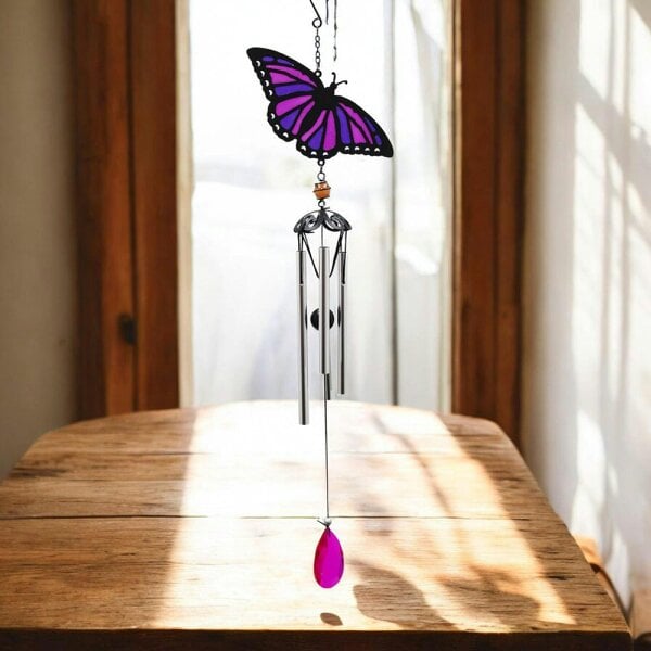 EDH Door Hardware Suncatcher Purple Butterfly Wind Chime (58cm x 14cm x 6cm) – Handmade Metal & Glass Hanging Chime – Outdoor Garden Ornament