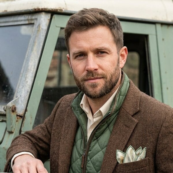Otway & Orford 'Heritage in Motion' off-roader silk pocket square in green & brown (42 x 42cm)