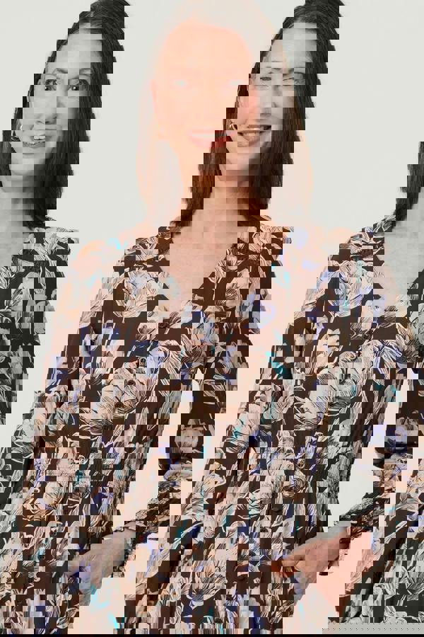 Brown | Floral Long Sleeve V-Neck Maxi Dress