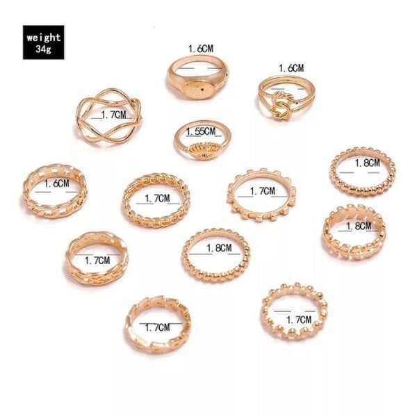 The Colourful Aura 13 Pcs Gold Stone Metallic Stacking Multi Size Knuckle Midi Ring Set