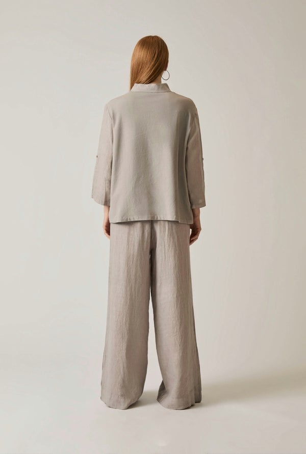 Taupe linen blouse with button front and roll tabs